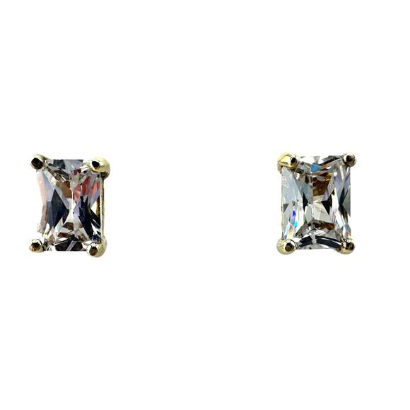 925 Sterling Silver Ross Gold Plated Elongated Princess Cut CZ .25" Studs - Picture 3 of 4
